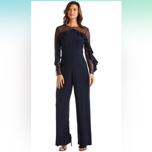 COPY - R&M Richards women’s ruffled illusions sleeve formal Navy jumpsuit. - Picture 1 of 8